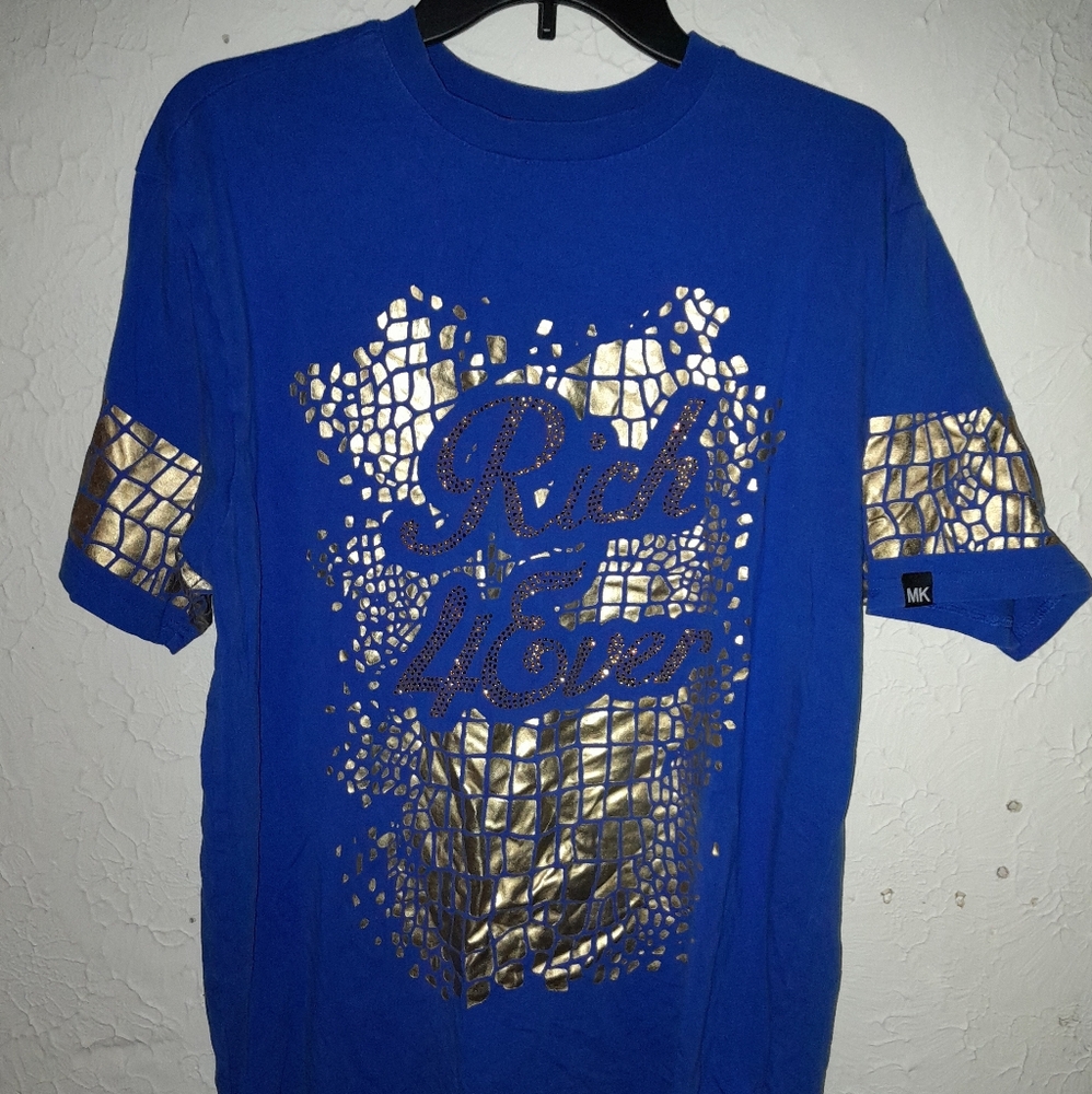 Makobi Blue and Silver Short Sleeve Tee with Geometric Accents